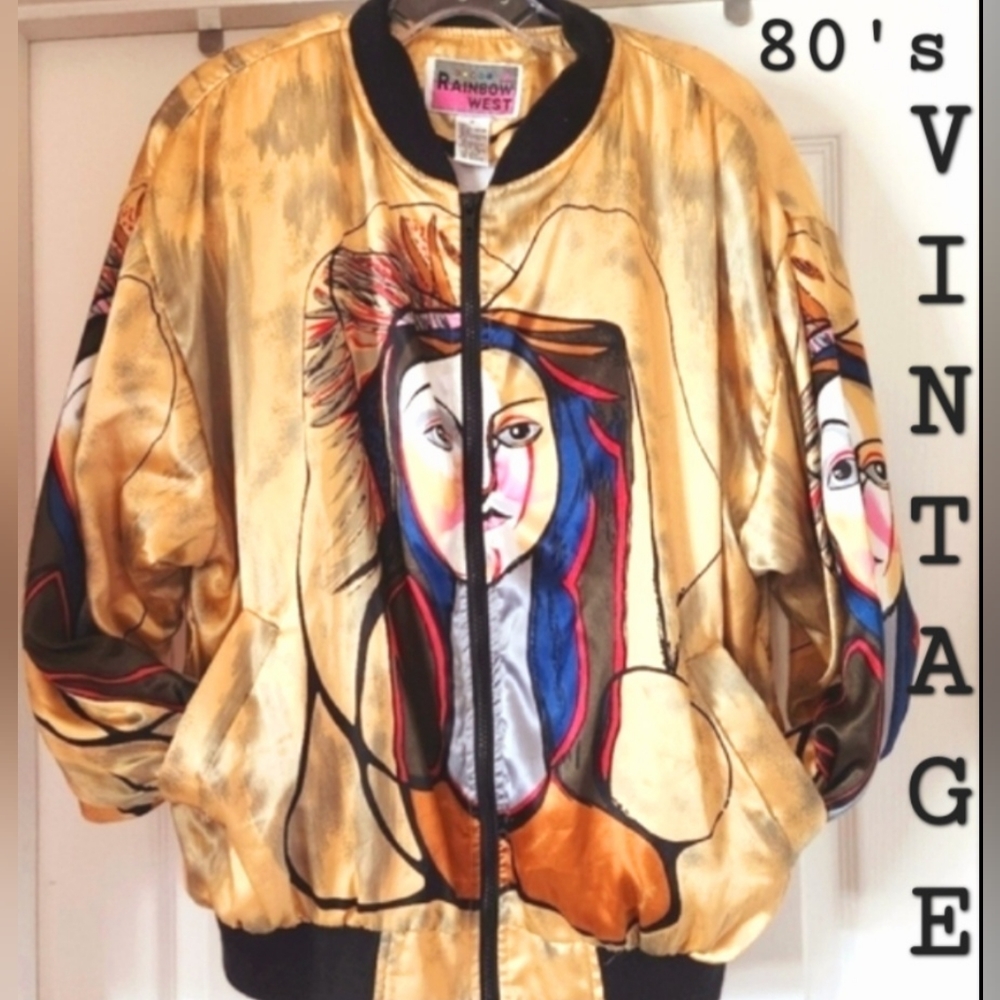 80s Gold Satin Oversized Bomber Artsy Hip Picasso Baseball Zip Up Pockets Jacket